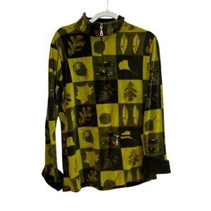 Onque Casual Green Velvety Fleece Pullover  Leaves Fall Top Jacket‎ 1/4 Zip Sz S